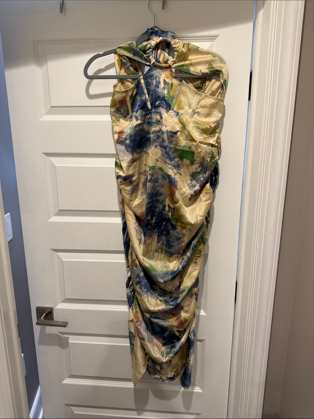 PrettyLittleThing Cream Watercolor Halter Swim Coverup with Blue & Green Accents